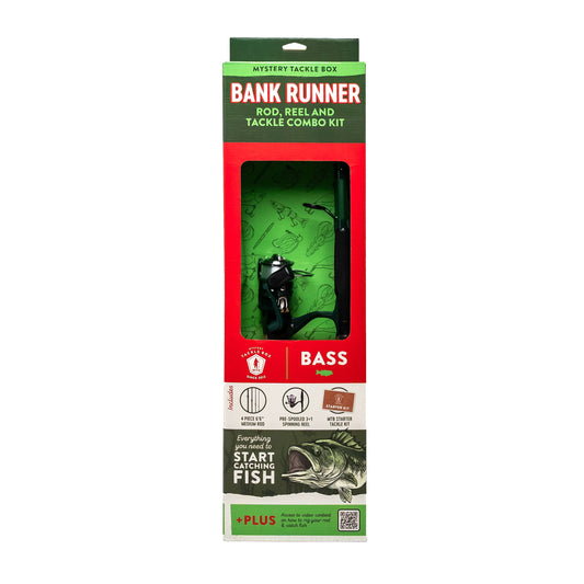 A boxed fishing tackle kit labeled 'Bank Runner' standing upright on a plain white background. The package is mostly red and green with a clear window showing a black rod and a green lure inside.