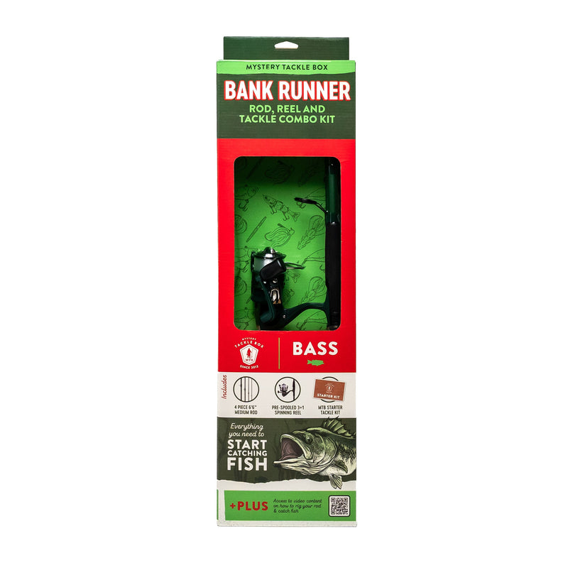 A boxed fishing tackle kit labeled 'Bank Runner' standing upright on a plain white background. The package is mostly red and green with a clear window showing a black rod and a green lure inside.