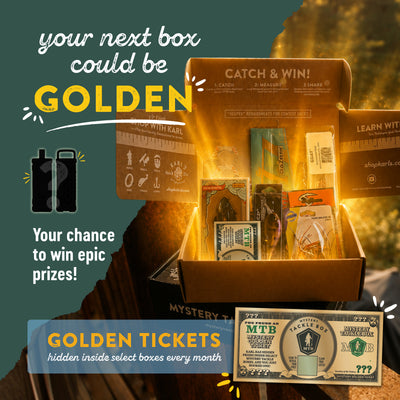 Promotional graphic for a mystery box subscription offering a golden ticket chance. It features an open cardboard box filled with various mystery items, surrounded by text overlays like 'your next box could be GOLDEN' and 'GOLDEN TICKETS hidden inside select boxes every month'.