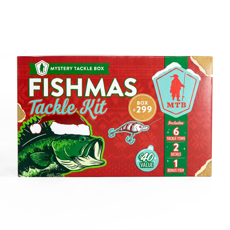 MTB Mystery Tackle Box Fishmas Tackle Kit in a red box with Christmas-themed graphics, including a green fish wearing a Santa hat, a fishing lure, and product details on the right side.