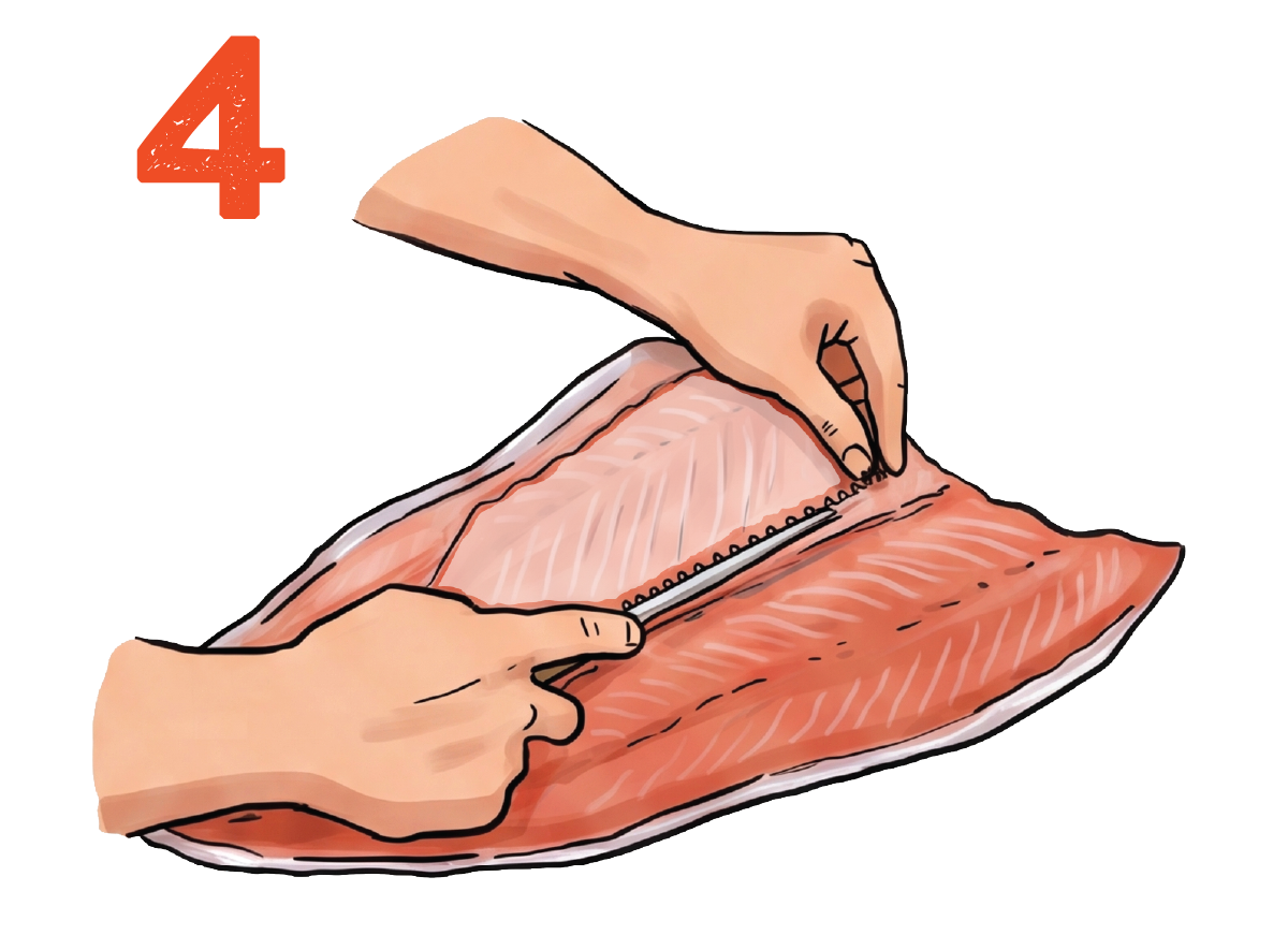 After the fillet is cut free, remove the rib cage.