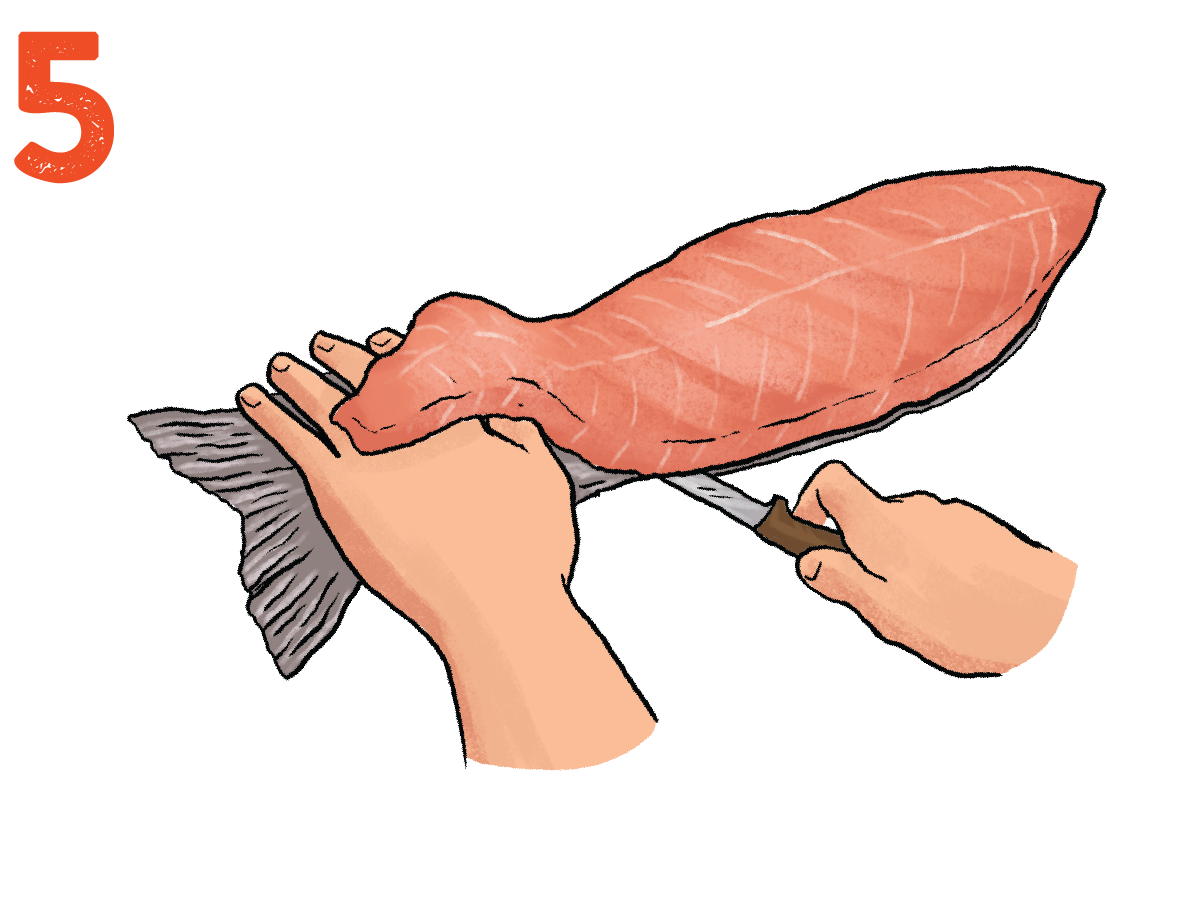 To remove the skin, place the fillet skin side down and insert the knife abou...