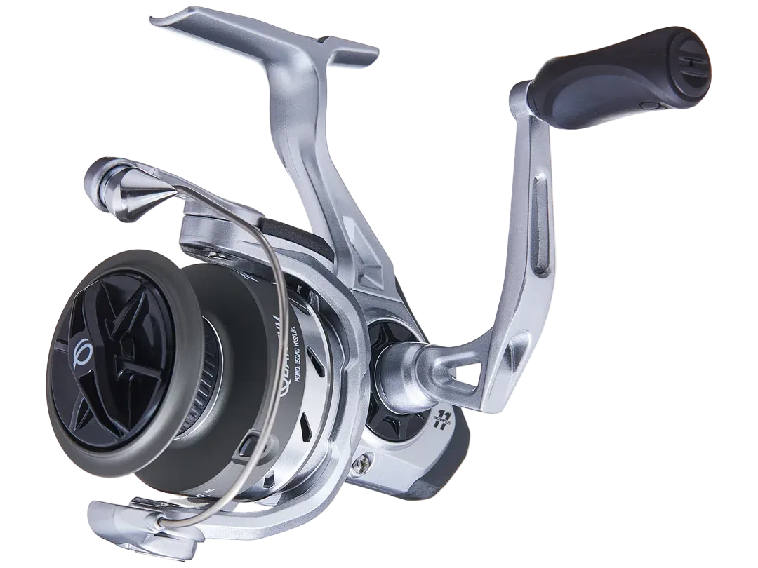 Fishing reel with metallic finish on a white background
