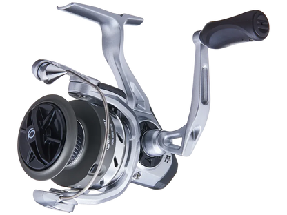 Fishing reel with metallic finish on a white background