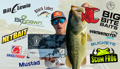 A man wearing a cap and sunglasses holds a large bass fish next to a box of fishing bait. The image is covered with logos for various fishing brands including Bill C.