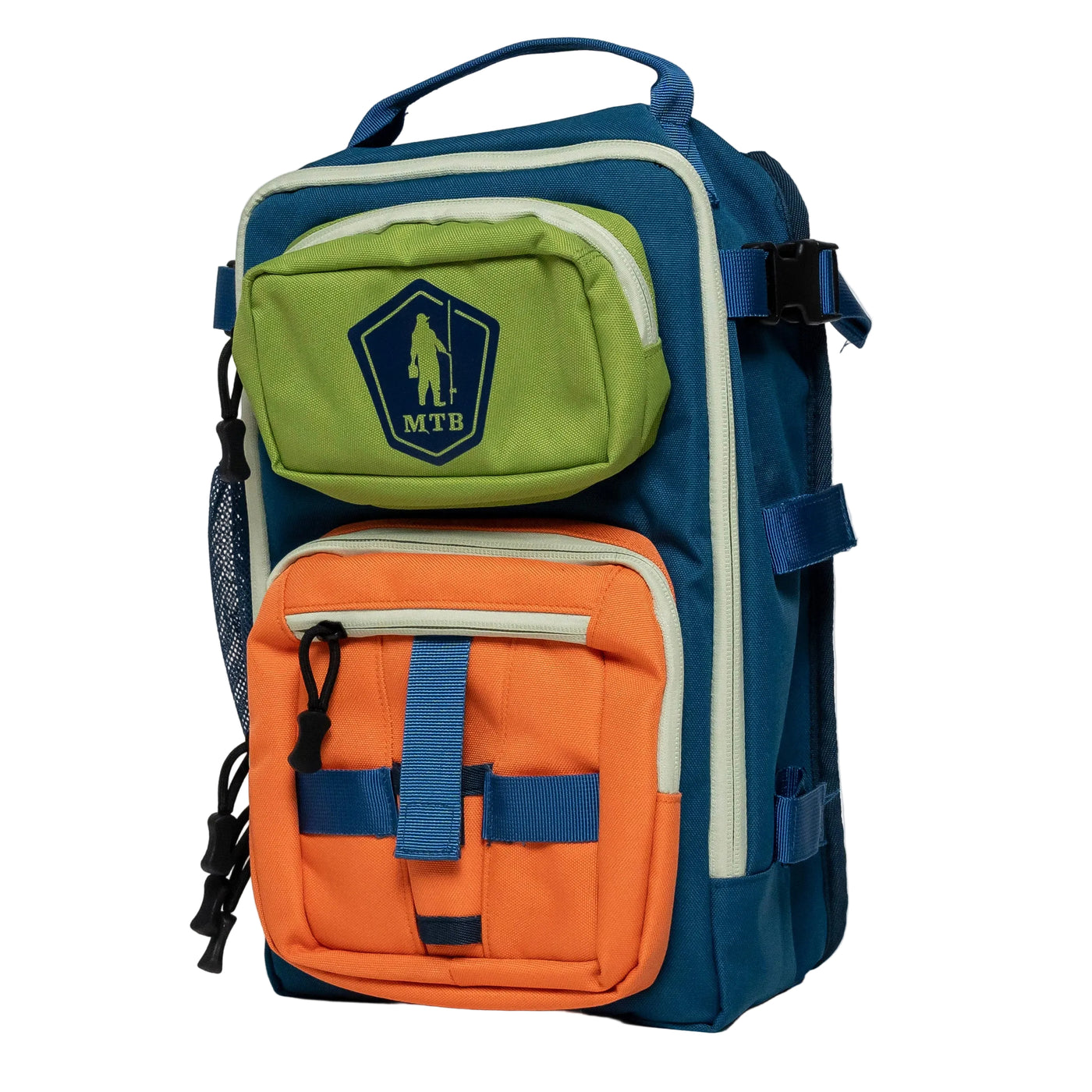A multi-color outdoor backpack with a navy blue body, a lime green top pocket, and an orange bottom pocket, featuring a dark blue MTB logo on the green pocket.