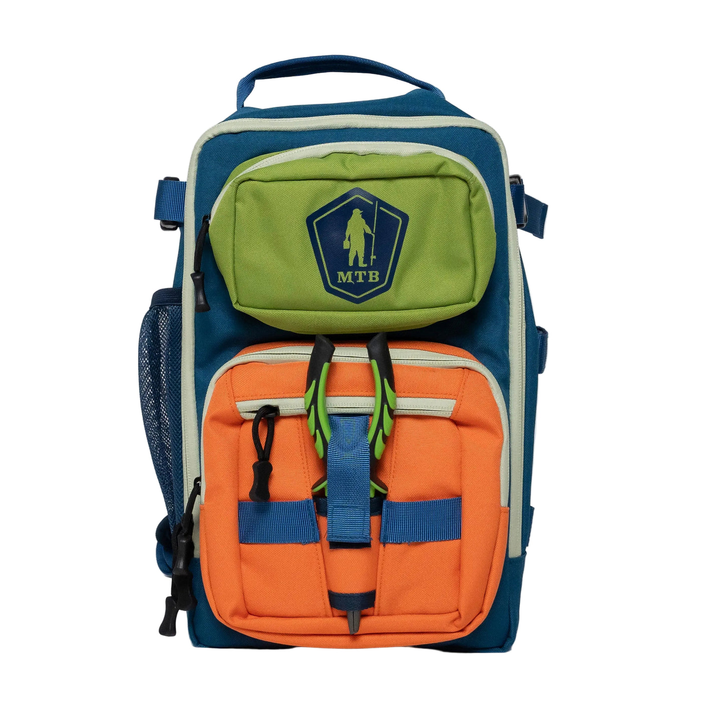 A three-color outdoor backpack with a navy blue body, a lime green top pocket, and an orange bottom pocket, featuring a navy blue MTA logo patch on the green pocket.