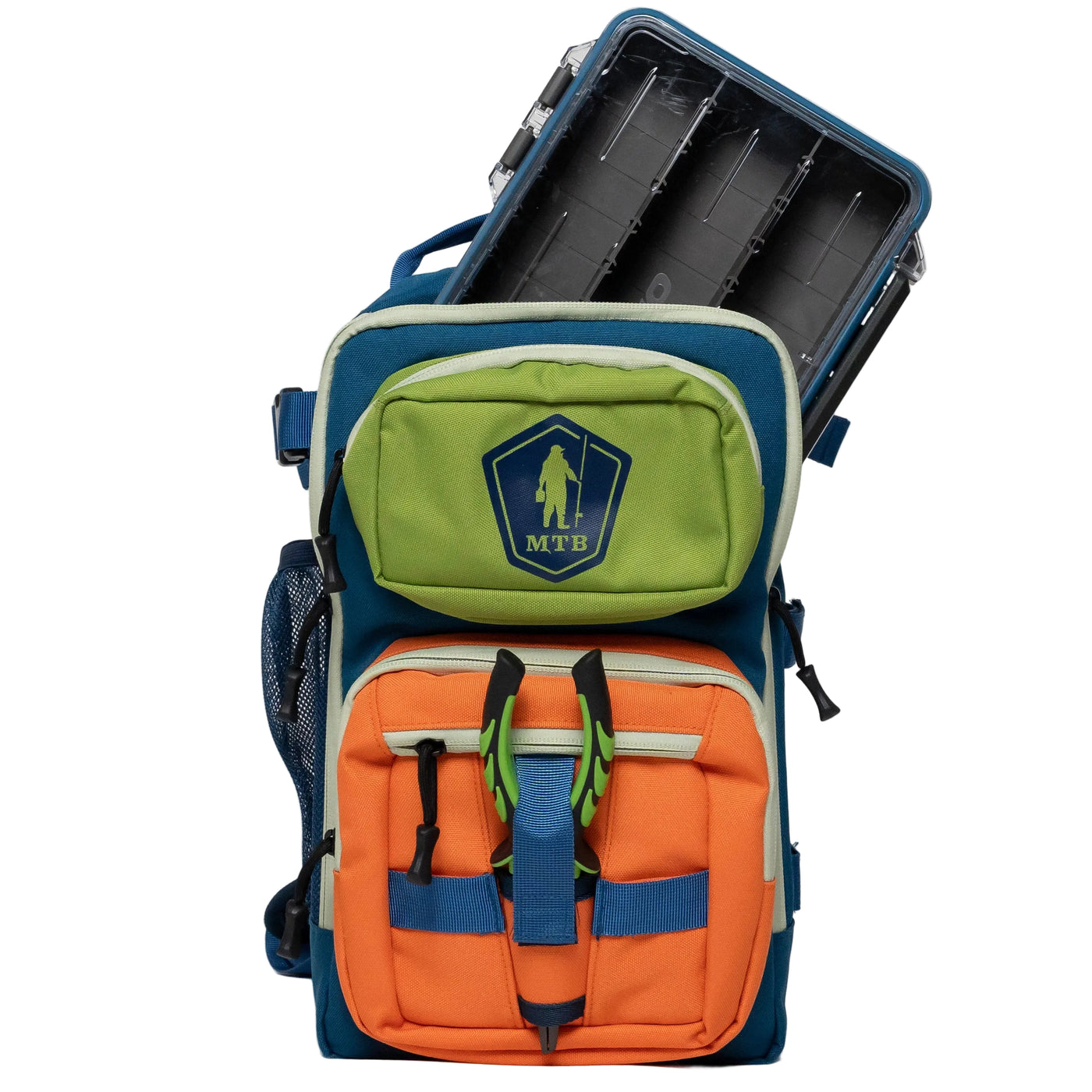 A multi-compartment backpack shown on a white background with its top compartment open, revealing a black organizer insert. The backpack features a lime green front pocket with a dark blue logo patch, an orange lower pocket, and dark blue side pockets.