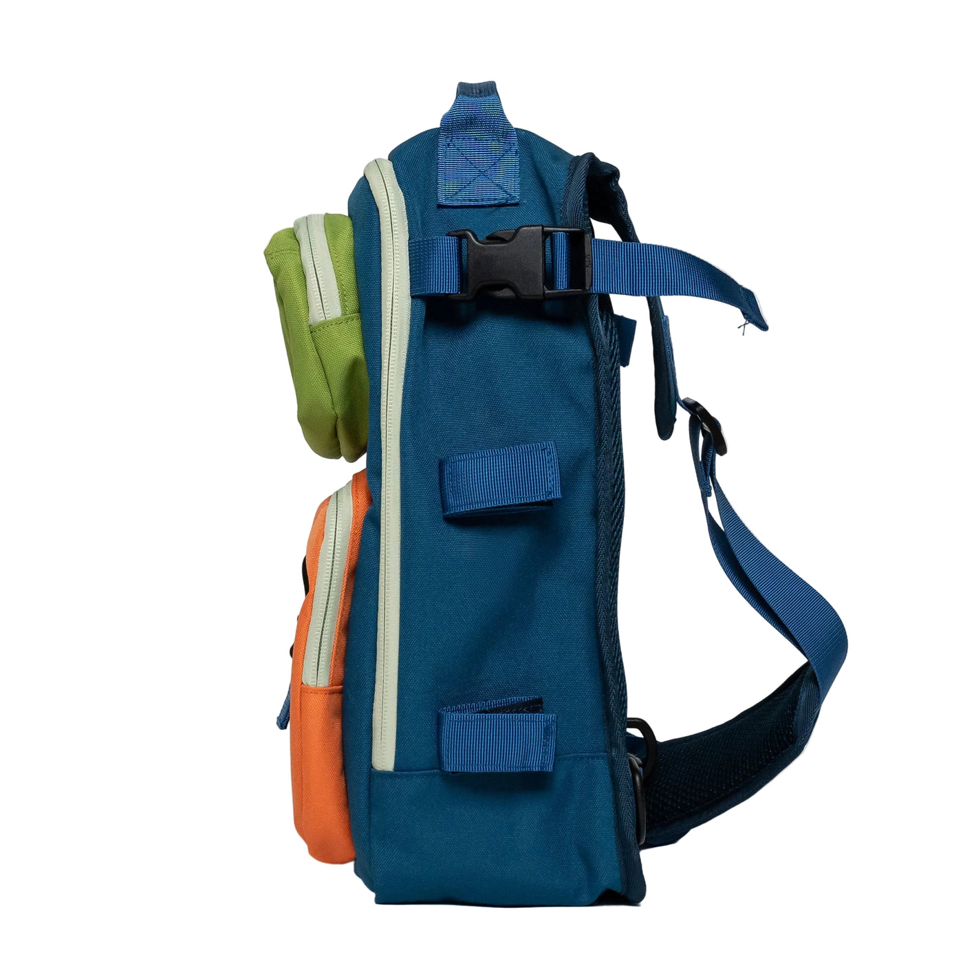 A blue tactical sling backpack shown from the side profile against a clean white background, featuring multiple utility pockets, straps, and buckles.