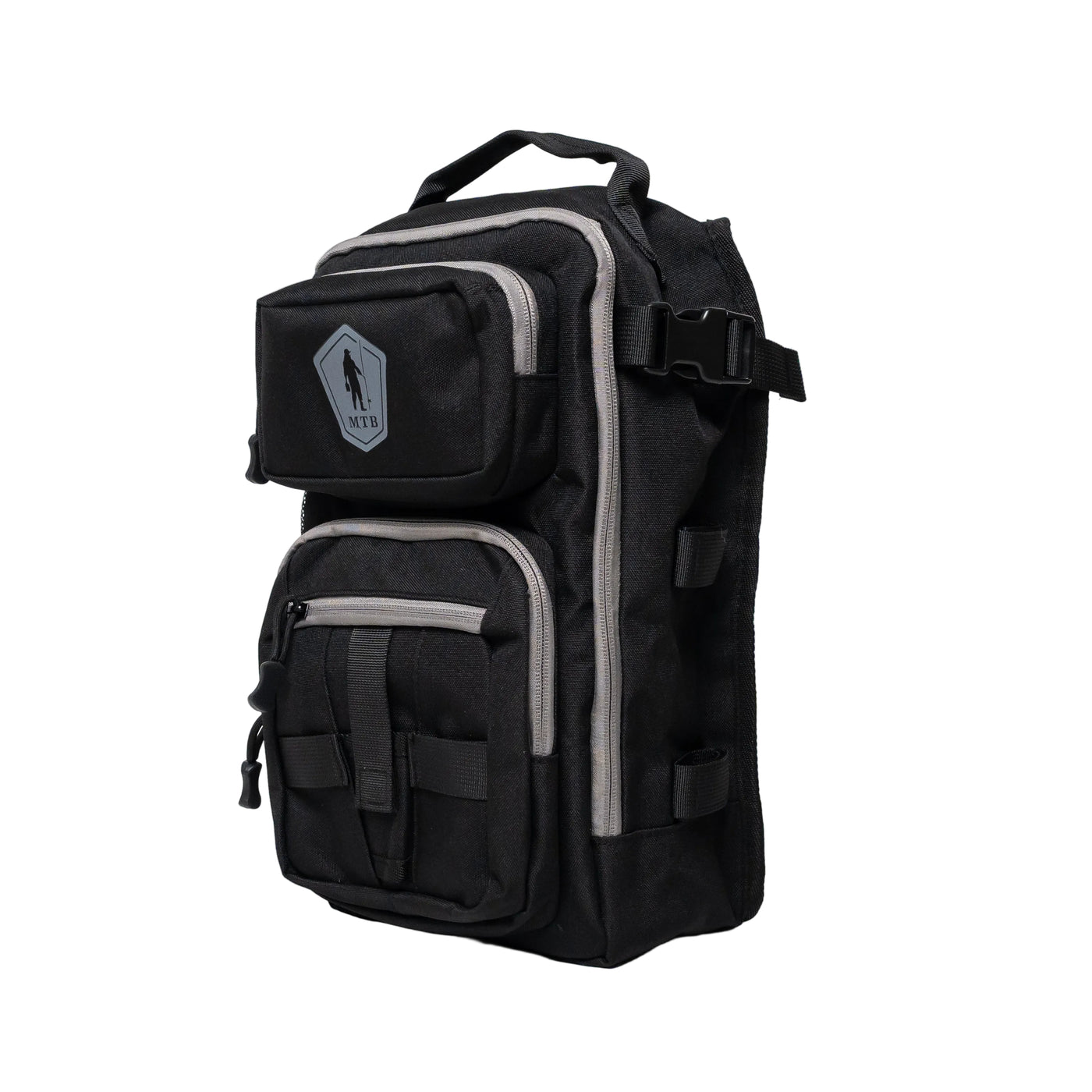 A black tactical backpack with gray piping and a gray shield-shaped logo patch on the front pocket, shown on a white background.