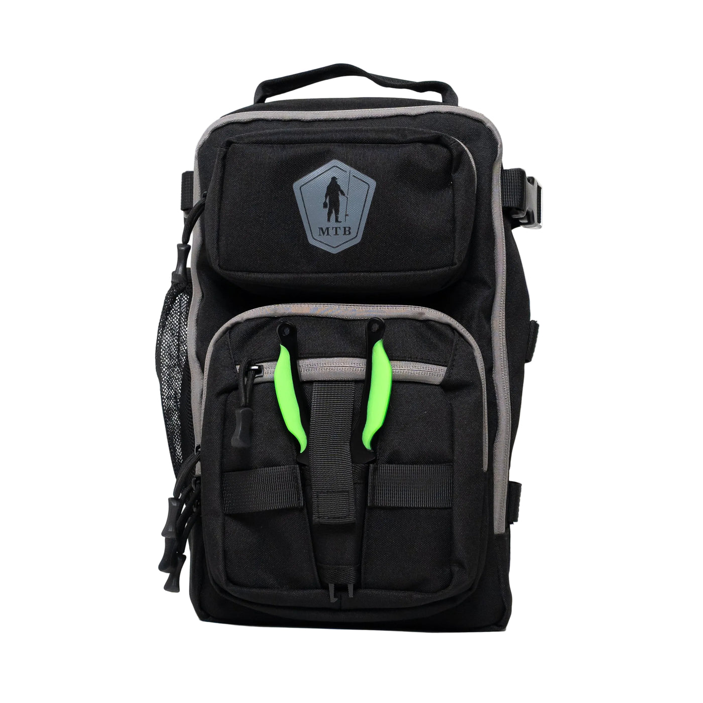 A black tactical backpack with gray accents and bright neon green zipper pulls, featuring a gray shield-shaped patch with a soldier silhouette and the text 'MFD' on the front pocket, set against a plain white background.