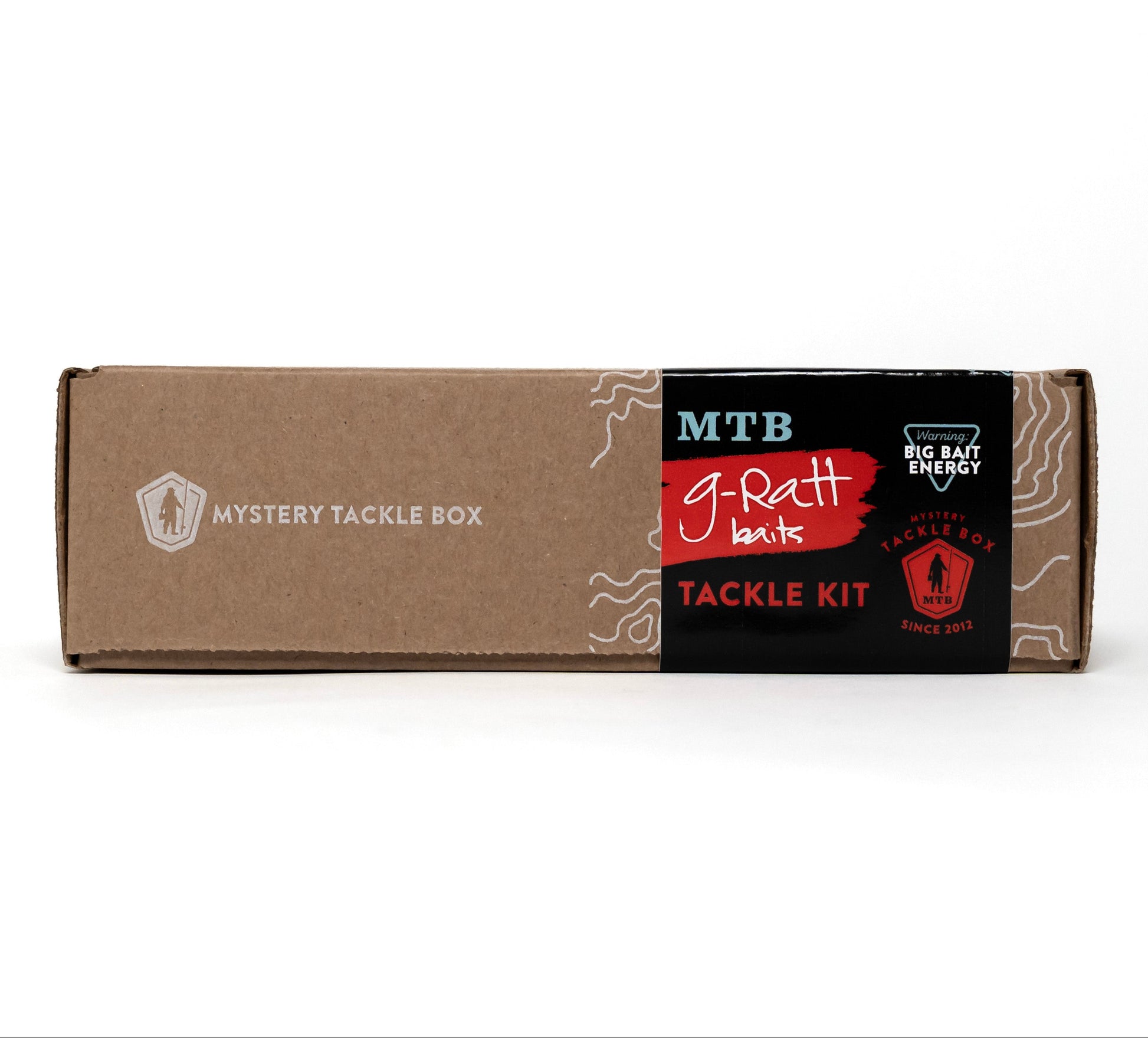 Cardboard box with 'Mystery Tackle Box' and 'MTB' branding on a white background